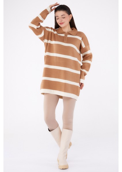 Çizgili Triko Tunik Vizon - 27741-VIZON
