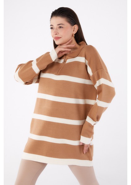 Çizgili Triko Tunik Vizon - 27741-VIZON fiyatları