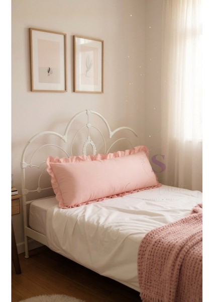 Fırfırlı Vintage Buldan Keten Pembe Iskandinav Uzun 40X100 Kırlent Yastık (Içi Dolgulu)