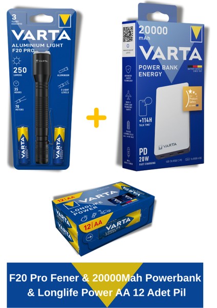 Acil Durum Kiti, F20 Pro Fener & 20000MAH Powerbank & Longlife Power Aa 12 Adet Pil