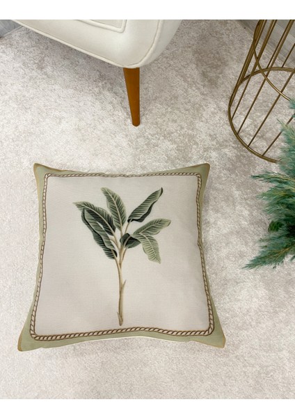 Bej Yeşil Yaprak Desenli Dokuma Kumaş Kırlent Kılıfı 45X45