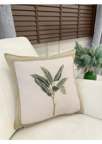 Bej Yeşil Yaprak Desenli Dokuma Kumaş Kırlent Kılıfı 45X45 fiyatları