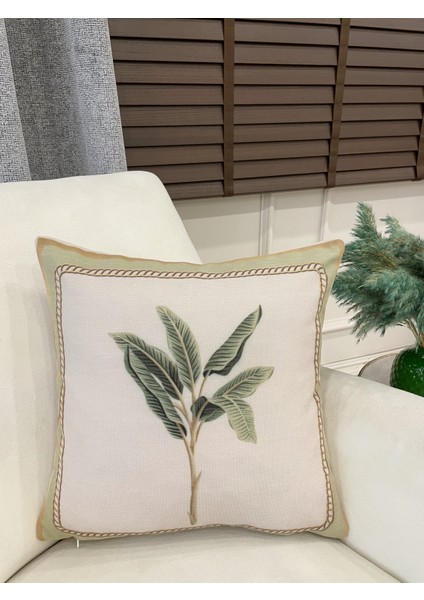 Bej Yeşil Yaprak Desenli Dokuma Kumaş Kırlent Kılıfı 45X45 modelleri