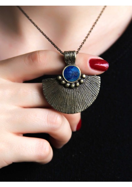 Doğal Taş Lapis Doğal Taşlı Desenli Otantik Kadın Kolye 45 cm Zincirli EUK26LPS