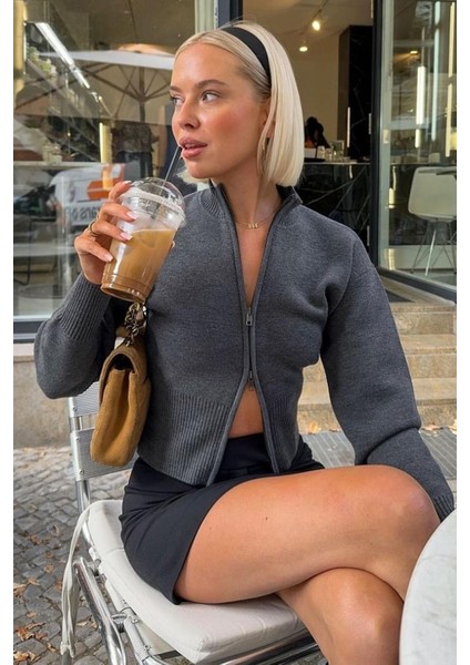 Antrasit Çift Fermuarlı Dik Yaka Kadın Triko Hırka MG2505