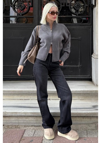 Antrasit Çift Fermuarlı Dik Yaka Kadın Triko Hırka MG2505 modelleri