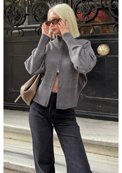 Antrasit Çift Fermuarlı Dik Yaka Kadın Triko Hırka MG2505 fırsatları