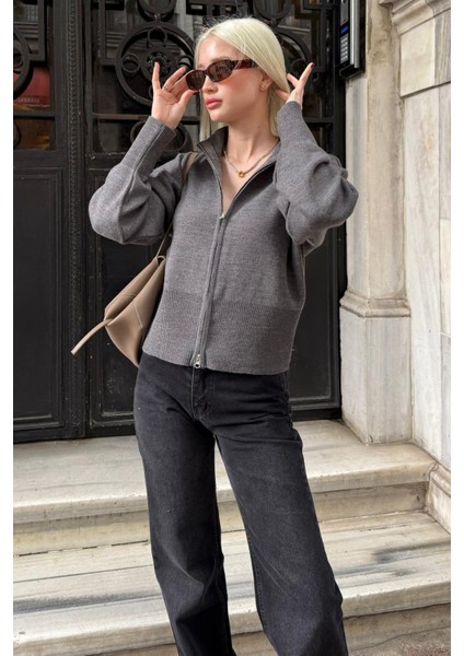 Antrasit Çift Fermuarlı Dik Yaka Kadın Triko Hırka MG2505 indirimleri