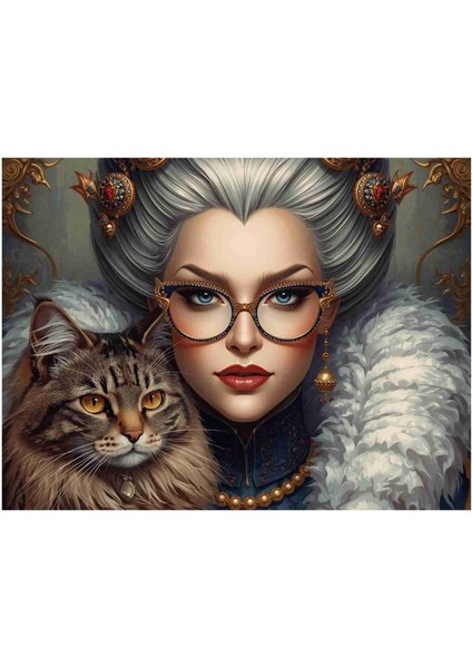 Cool Kraliçe ve Güzel Kedisi 120 Parça Ahşap Puzzle (Mdf) Yapboz