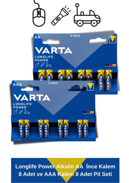 Longlife Power Alkalin Aa Ince Kalem 8 Adet ve Aaa Kalem 8 Adet Pil Seti