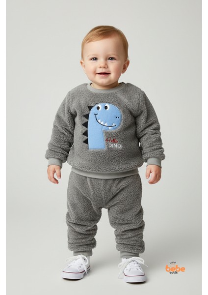 Erkek Çocuk Dinozor Nakışlı 2’li Peluş Polar Pijama Takımı Ev ve Günlük Giyim Seti Eşofman Takımı