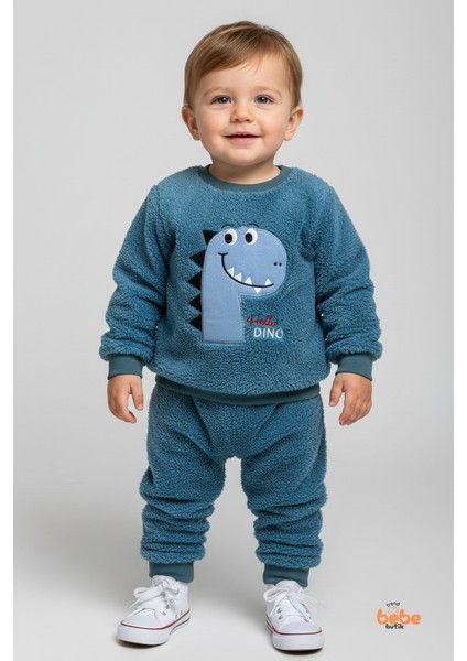 Erkek Çocuk Dinozor Nakışlı 2’li Peluş Polar Pijama Takımı Ev ve Günlük Giyim Seti Eşofman Takımı