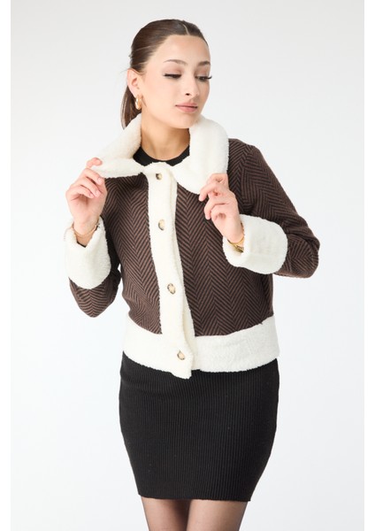 Baskılı Peluş Ceket Kahve - 27763-KAHVE