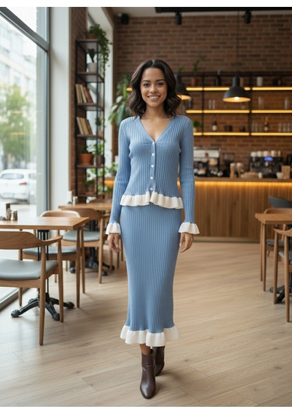 Fitilli Fırfır Detaylı Etek Bluz Triko Takım fiyatları