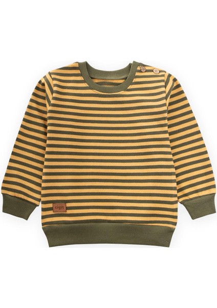 Çizgili Triko Sweatshirt 0-4 Yaş Hardal Haki