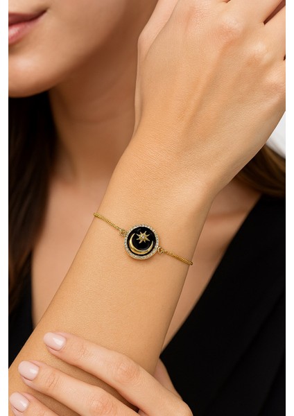 Altın Renk Siyah Mine Ay Yıldız Asansör Çelik Bileklik - 3624