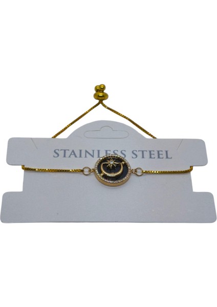 Altın Renk Siyah Mine Ay Yıldız Asansör Çelik Bileklik - 3624 fiyatları