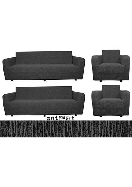 Jakarlı Streç Kaplama Maxi Takım Koltuk Örtüsü (3+3+1+1)-Antrasit