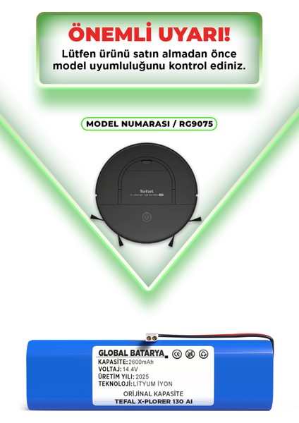 Tefal X-Plorer 130 AI Uyumlu Robot Süpürge Bataryası 14.4V 2600MAH Pil (Orijinal Kapasite) indirimleri