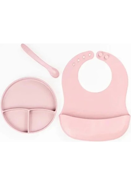 Pembe 3’lü Silikon Yemek Seti – Önlük + Diş Kaşıyıcılı Kaşık + Vakumlu Tabak