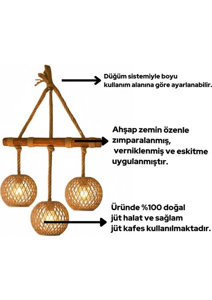 Halatlı Ahşap 3’lü Avize – Kafe, Balkon, Ev ve Ofis Dekoratif Aydınlatma