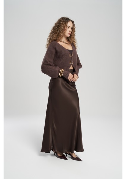 Muirnas Askı Detay Kahve Uzun Saten Etek