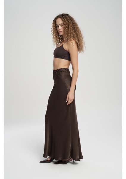 Muirnas Askı Detay Kahve Uzun Saten Etek