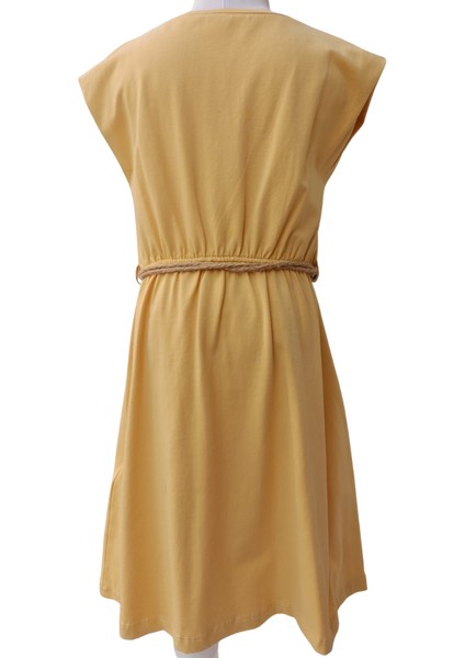 Kız Çocuk Elbise Jile Halat Kuşaklı Hardal Sarı 9 Yaş