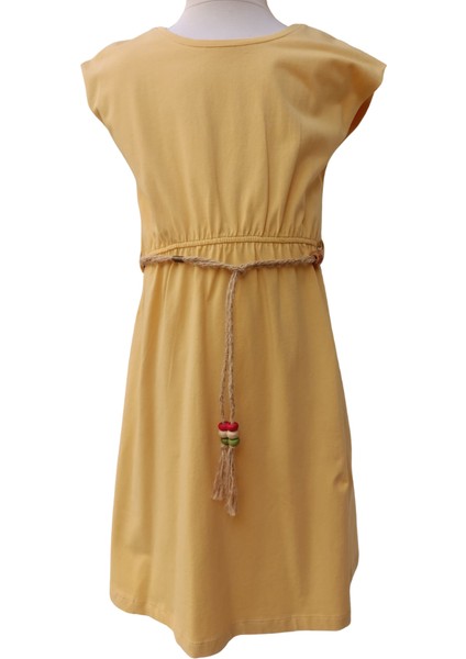 Kız Çocuk Elbise Jile Halat Kuşaklı Hardal Sarı 9 Yaş