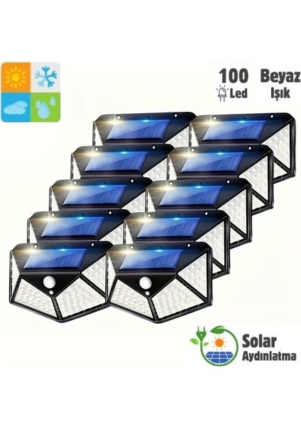 10'lu Paket 100 LED Solar Hareket Sensörlü Güneş Enerjili 3 Mod Solar Duvar Bahçe Karavan Kamp Lambası