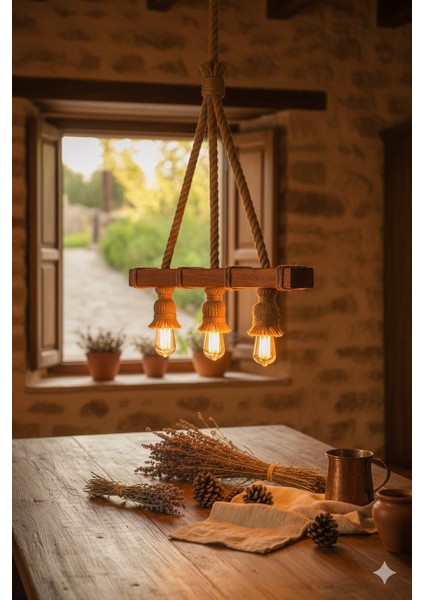 Ahşap & Halat Rustik Avize – Vintage Tarzı Dekoratif Sarkıt Lamba fırsatları