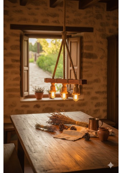 Ahşap & Halat Rustik Avize – Vintage Tarzı Dekoratif Sarkıt Lamba indirimleri