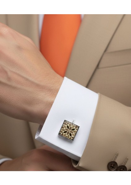 Kahverengi Bej Tonlarında Kare Çiçek Desenli Metal Kol Düğmesi fırsatları