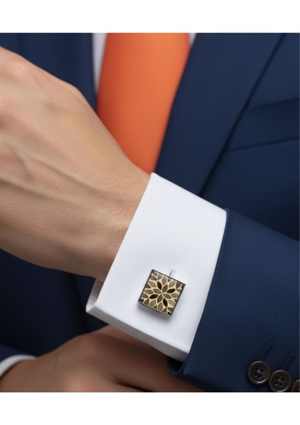 Kahverengi Bej Tonlarında Kare Çiçek Desenli Metal Kol Düğmesi indirimleri