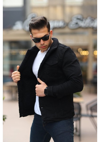 Erkek Trend Kışlık Içi Kürklü Kot Ceket Beyaz Siyah