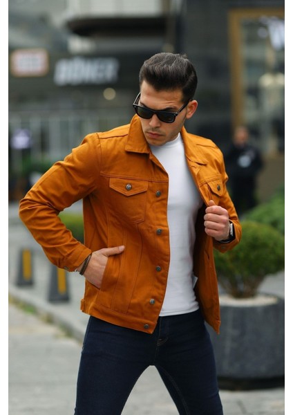 Erkek Trend Polo Yaka Slim Fit Denim Jeans Turuncu Kot Ceket