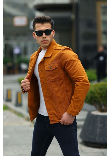 Erkek Trend Polo Yaka Slim Fit Denim Jeans Turuncu Kot Ceket fiyatları