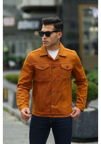 Erkek Trend Polo Yaka Slim Fit Denim Jeans Turuncu Kot Ceket modelleri