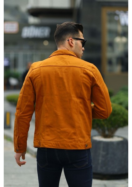 Erkek Trend Polo Yaka Slim Fit Denim Jeans Turuncu Kot Ceket fırsatları