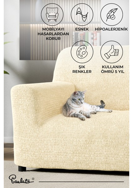 Lastikli Esnek ve Yıkanabilir Piliseli Vanilya 2 Kişilik Koltuk Örtüsü