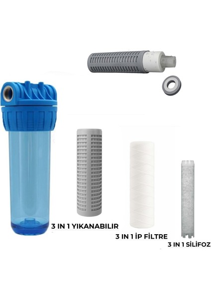 Daire Girişi Su Arıtma 3ü Bir Arada (Yıkanabilir-Iplik-Silifoz) Filtresi ve Filtre Kabı
