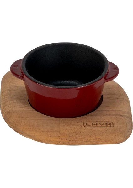 Döküm Yuvarlak Sufle / Sos Kabı ve Ahşap Altlığı. Çap(Ø)8cm.-Bordo