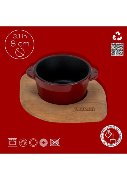 Döküm Yuvarlak Sufle / Sos Kabı ve Ahşap Altlığı. Çap(Ø)8cm.-Bordo fırsatları