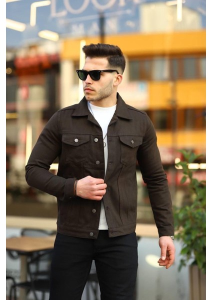 Erkek Trend Polo Yaka Slim Fit Denim Jeans Kestane Kot Ceket modelleri