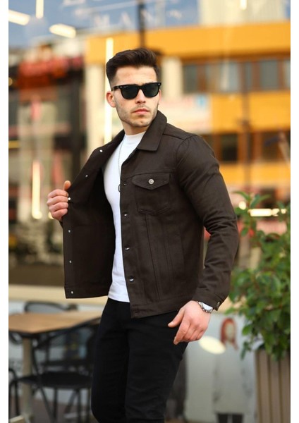 Erkek Trend Polo Yaka Slim Fit Denim Jeans Kestane Kot Ceket fırsatları