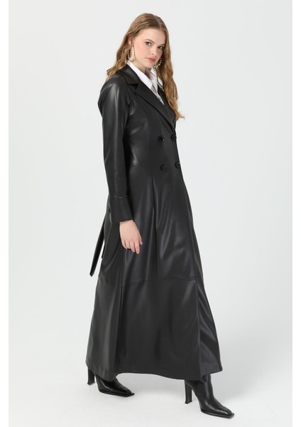 Tam Boy Içi Süet Deri Pardesü Siyah
