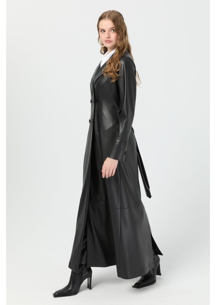 Tam Boy Içi Süet Deri Pardesü Siyah indirimleri