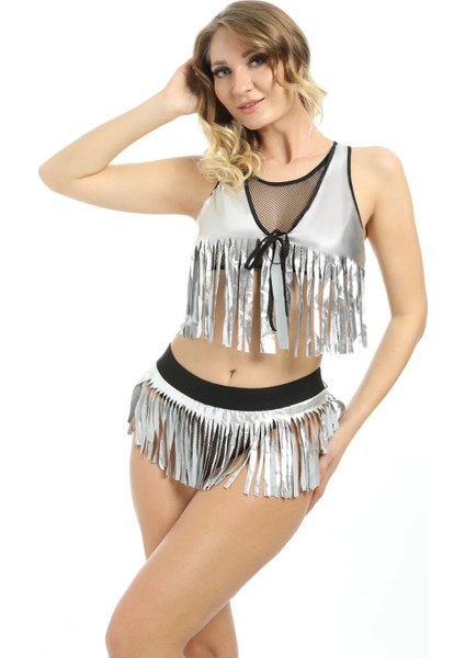 Gri Deri ( Lame ) Püsküllü Gecelik - 428 fırsatları