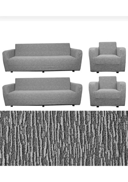 Jakarlı Streç Kaplama Maxi Takım Koltuk Örtüsü (3+3+1+1)-Gri