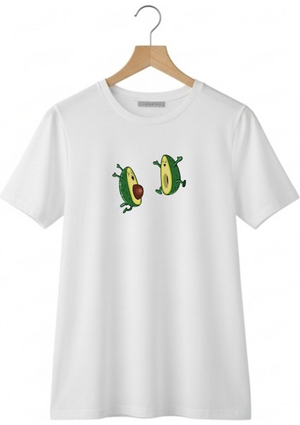 Sarılan Avokadolar Tasarım Baskılı Oversize Pamuklu Beyaz Kadın T-Shirt modelleri